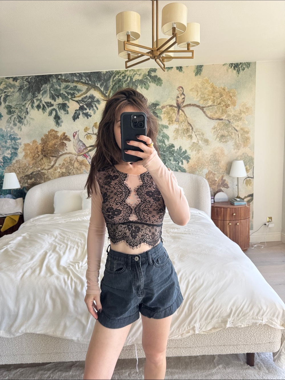 Sheer Lace Crop Top with Long Sleeves - Pink/Black